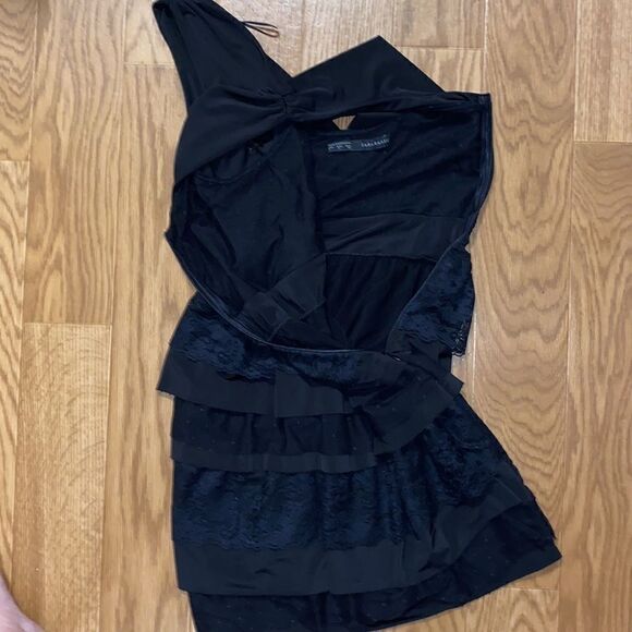 ZARA Basic Lace Tulle Mesh Layered Ruffle Black Mini Dress(Size Small)Rare - Picture 8 of 11